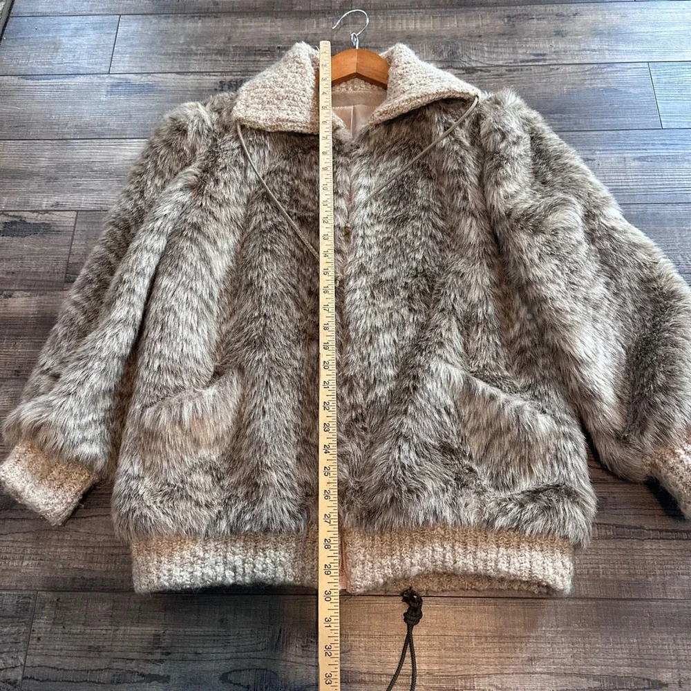 Lifestyle 80 by Andrea Ungar Faux Fur Jacket Zig Zag Pattern Knit Collar & Cuffs - Picture 9 of 14